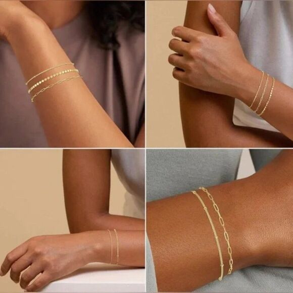 NEW 5pc Gold Bracelets 14K Dainty Gold Plated Stackable Bracelets for Women - Picture 4 of 7
